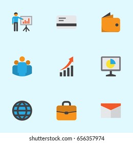 Business Flat Icons Set. Collection Of Suitcase, Group, Increasing And Other Elements. Also Includes Symbols Such As Handbag, Statistic, Business.