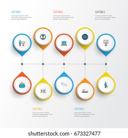 Business Flat Icons Set. Collection Of Work Man, Chatting, Diagram And Other Elements. Also Includes Symbols Such As Identification, Laptop, Id.