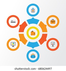 Business Flat Icons Set. Collection Of Id Badge, Suitcase, Group And Other Elements. Also Includes Symbols Such As Suitcase, Presentation, Payment.