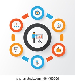 Business Flat Icons Set. Collection Of Id Badge, Billfold, Presentation Board And Other Elements. Also Includes Symbols Such As Businessman, Badge, Billfold.