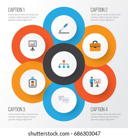 Business Flat Icons Set. Collection Of Pen, Id Badge, Hierarchy And Other Elements. Also Includes Symbols Such As Business, Structure, Chart.