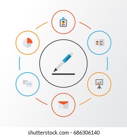 Business Flat Icons Set. Collection Of Pie Bar, Id Badge, Pen And Other Elements. Also Includes Symbols Such As Letter, Presentation, Signing.