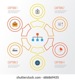 Business Flat Icons Set. Collection Of Hierarchy, Id Badge, Suitcase And Other Elements. Also Includes Symbols Such As Network, Identification, Handbag.