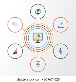 Business Flat Icons Set. Collection Of Chatting, Pen, Developer And Other Elements. Also Includes Symbols Such As Businessman, Message, Contract.