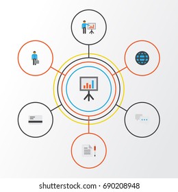 Business Flat Icons Set. Collection Of Chatting, Presentation Board, Presenting Man And Other Elements. Also Includes Symbols Such As Conversation, Board, Bank.