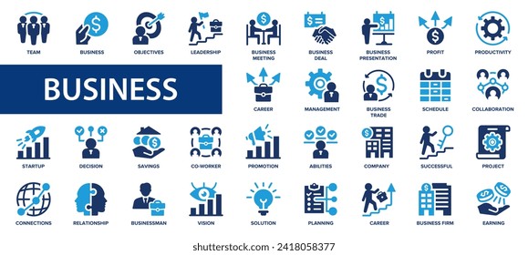 Business flat icons set. Meeting, partnership, business team, profit, company, management, planning, icons and more signs. Flat icon collection.