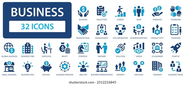 Conjunto de ícones planos de negócios. Reunião, parceria, equipe de negócios, lucro, empresa, gerenciamento, planejamento.