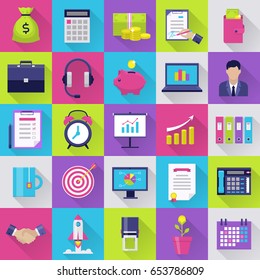 Business flat icons set. Modern icons for internet marketing, business and finance, sales and e-commerce. Interface elements in flat design with long shadows. Vector illustration.