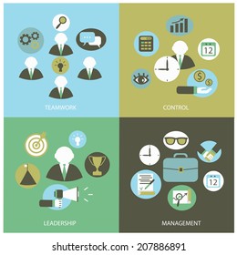 Business flat icons. Teamwork, control, leadership and management flat icons.