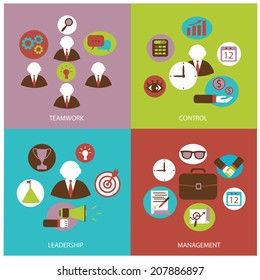 Business flat icons. Teamwork, control, leadership and management flat icons.