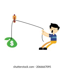 ilustración plana de negocios del hombre sacando una bolsa llena de dinero con una polea