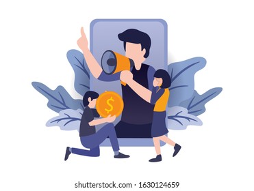 Business flat illustration. Vector of person shout with megaphone on smartphone screen. A man giving money to woman. Concept of referral, investment, and profit income. Good for marketing banner.