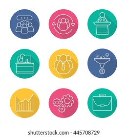 Business flat linear long shadow icons set. Team communication, sales funnel, office worker, cogwheels, speaker podium, growth chart, briefcase, teamwork and leadership symbols. Vector line symbols