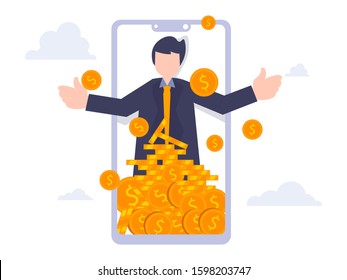 Business flat people vector illustration. Businessman collects money from mobile app. Concept design on people using their phones as electronic wallets. Colorful cartoon metaphor.