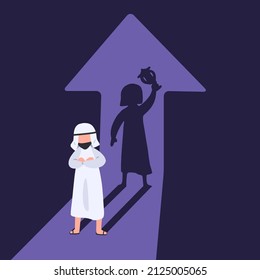 Business flat style drawing Arabian businessman with winner shadow holding trophy cup behind him. Leadership, achievement, business challenge. Man with cup trophy shadow. Cartoon vector illustration