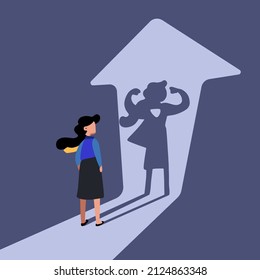Business flat style drawing businesswoman standing in front of her own muscular shadow showing her super inner strength or superhero. Self confidence. Future goal. Cartoon graphic vector illustration