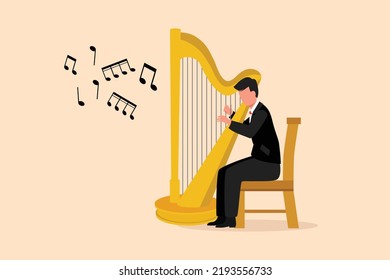 Business Flach Stil Zeichner Musiker spielen Harfe. Klassische Musik-Darstellerin mit Musikinstrument. Männlich sitzt auf dem Stuhl und spielt Harfe. Cartoon-Design-Grafik, Vektorgrafik