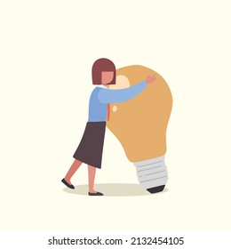 Business flat style drawing smart businesswoman hugs big lightbulb. Female manager with light idea bulb. Business success, creative thinking, inspiration, business startup. Cartoon vector illustration