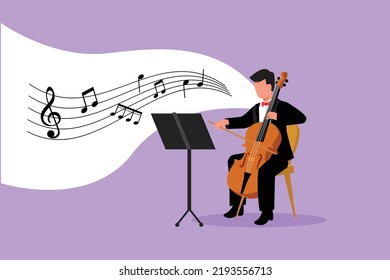 Business flat style drawing young male performer playing on contrabass. Cellist man playing cello, musician playing classical music instrument. Cartoon character graphic design vector illustration