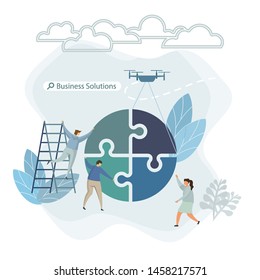 Business flat Team puzzle circle metaphor. People connecting puzzle round elements. Vector illustration flat design simple style. Symbol different races teamwork, heterosexual cooperation, partnership