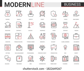 Business flat thin red black line icon vector illustration set with outline infographic symbols of success business strategy for money savings growth, successful planning budget and office work