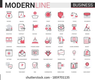 Business flat thin red black line icon vector illustration set with outline infographic symbols of success business strategy for money savings growth, successful planning budget and office work