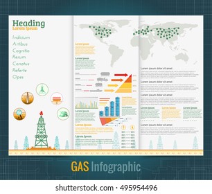 Business flat three fold design template with flat gas rig or oil derrik and information. Vector modern style