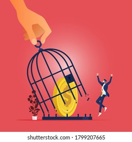 Business flat vector concept big hand bring coins out from cage metaphor of financial freedom