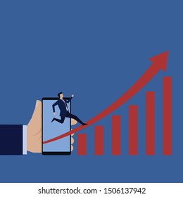 Business flat vector concept businessman run through rising chart from phone metaphor of growing sales with smartphone. Illustration For Wallpaper, Banner, Background, Infographic, Book Illustration, 