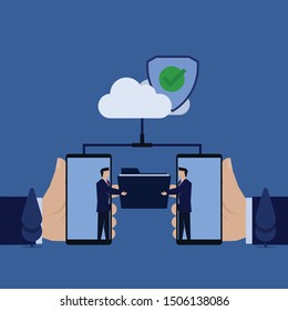 Business flat vector concept businessman exchanging folder from phone through the cloud securely metaphor of secure data sharing. Illustration For Wallpaper, Banner, Background, Infographic