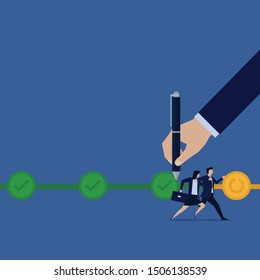 Business flat vector concept businessman and woman run to next step to complete the tasks metaphor of progress. Illustration For Wallpaper, Banner, Background, Infographic, Book Illustration, And Web 