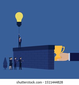 Business flat vector concept businessman fly with balloon idea to pass the wall while other complain metaphor of creative. Illustration For Wallpaper, Banner, Background, Infographic, Book 