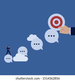 Business flat vector concept businessman ride chat bubble to target metaphor of follow message. Illustration For Wallpaper, Banner, Background, Infographic, Book Illustration, And Web Landing Page.