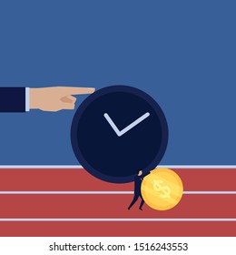Business flat vector concept businessman push the coin to run with time metaphor of time management. Illustration For Wallpaper, Banner, Background, Infographic, Book Illustration, And Landing Page.