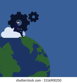 Business flat vector concept businessman work on cloud with gear and globe metaphor of global update. Illustration For Wallpaper, Banner, Background, Infographic, Book Illustration, And Web Page.