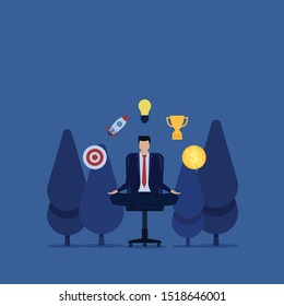 Business flat vector concept businessman yoga around icon metaphor of relax. Illustration For Wallpaper, Banner, Background, Infographic, Book Illustration, And Web Landing Page.