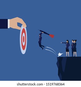 Business flat vector concept businessman jump and bring dart to put in target. Illustration For Wallpaper, Banner, Background, Infographic, Book, And Web Landing Page.