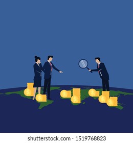 Business flat vector concept businessman hold magnify to analyze profit from whole world metaphor of analysis and development. Illustration For Wallpaper, Banner, Background, Infographic, Book, Web.
