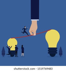 Business flat vector concept businessman run from small idea ti bigger idea metaphor of development. Illustration For Wallpaper, Banner, Background, Infographic, Book, And Web Landing Page.