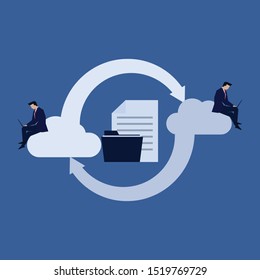 Business flat vector concept businessman work on cloud for files exchange metaphor of cloud computing. Illustration For Wallpaper, Banner, Background, Infographic, Book, And Web Landing Page.