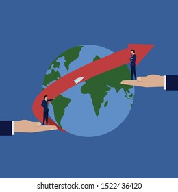 Business flat vector concept businessman sends paper airplane to other on other side of globe metaphor of global connection. Illustration For Wallpaper, Banner, Background, Infographic, Book, And Web.