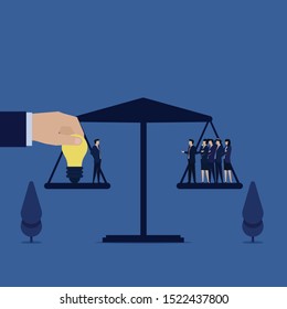 Business flat vector concept businessman with idea equal with a team metaphor of employee value. Illustration For Wallpaper, Banner, Background, Infographic, Book, And Web Landing Page.