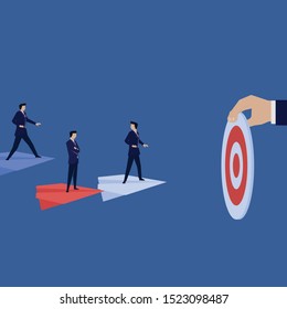 Business flat vector concept businessman race with other to target metaphor of competition. Illustration For Wallpaper, Banner, Background, Infographic, Book, And Web Landing Page.