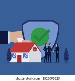 Business flat vector concept businessman handshake beside home and shield metaphor of house insurance. Illustration For Wallpaper, Banner, Background, Infographic, Book, And Web Landing Page.
