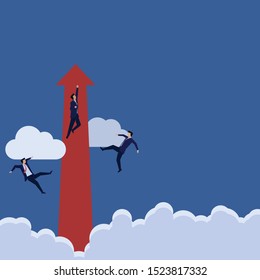 Business flat vector concept businessman fly up and other fall metaphor of rise up. Illustration For Wallpaper, Banner, Background, Infographic, Book, And Web Landing Page.