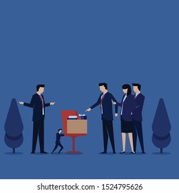 Business flat vector concept businessman push the chair among big people metaphor of discrimination and bully. Illustration For Wallpaper, Banner, Background, Infographic, Book, And Web Landing Page.