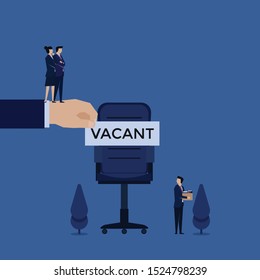 Business flat vector concept businessman leave the chair and manager put vacant text on it metaphor of fire and hire. Illustration For Wallpaper, Banner, Background, Infographic, Book, And Web Landing