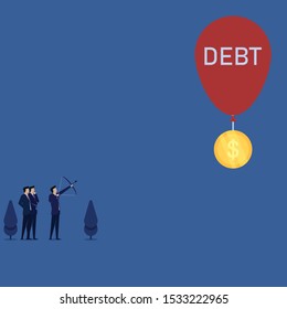 Business flat vector concept businessman aim for coin fly with balloon debt metaphor of financial freedom. Illustration For Wallpaper, Banner, Background, Infographic, Book, And Web Landing Page.
