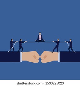 Business flat vector concept businessman sit with yoga pose on confrontation. Illustration For Wallpaper, Banner, Background, Infographic, Book, And Web Landing Page.