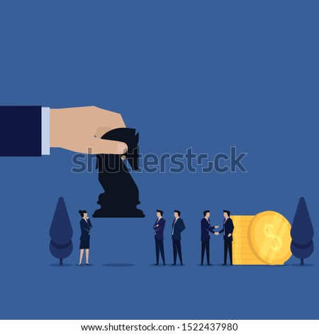 Business flat vector concept businessmen handshake with coins and hand gives black horse to team metaphor of acquisition. Illustration For Wallpaper, Banner, Background, Infographic, Book, And Web.